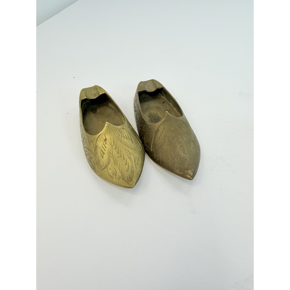 Brass Shoe Cigarette Ashtray Etched Floral Design India 4" Lot Of 2 Decor